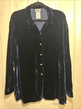 Laura Ashley Silk Velvet Button-Down Shirt/Tunic - Navy Blue, Large